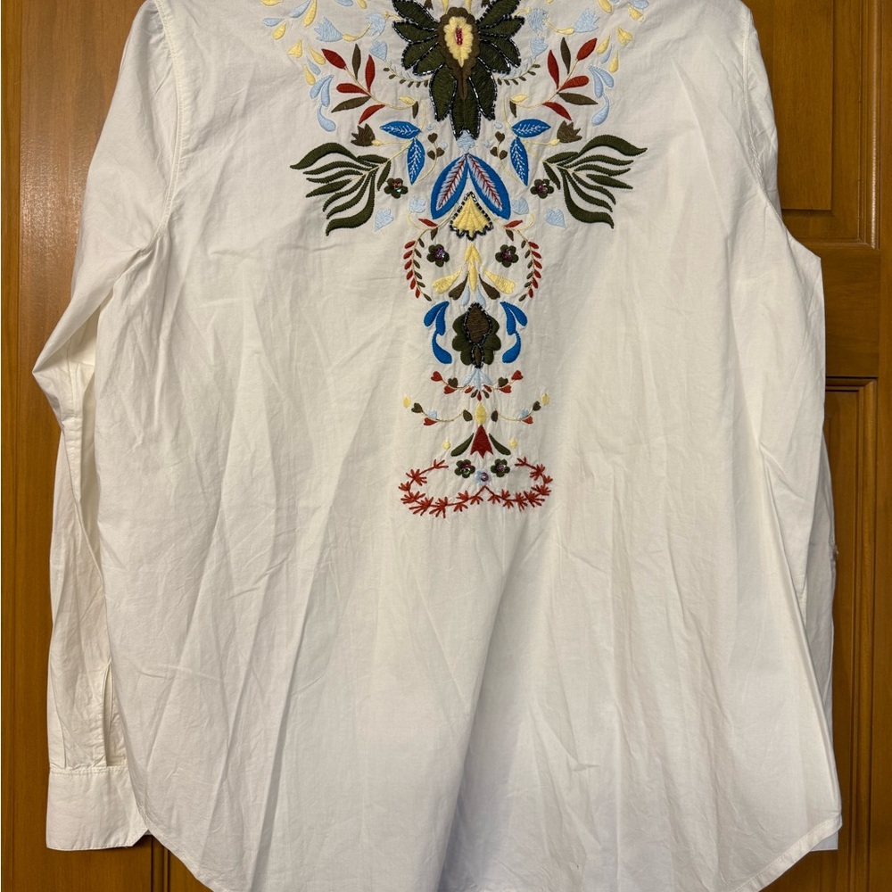 Anthropologie White Blouse with Multicolor Embroidery
